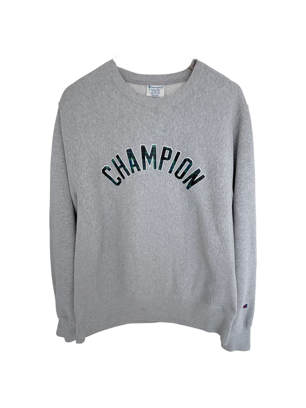 Champion Reverse Weave Crewneck Sweatshirt Mens Medium Gray Plaid Logo